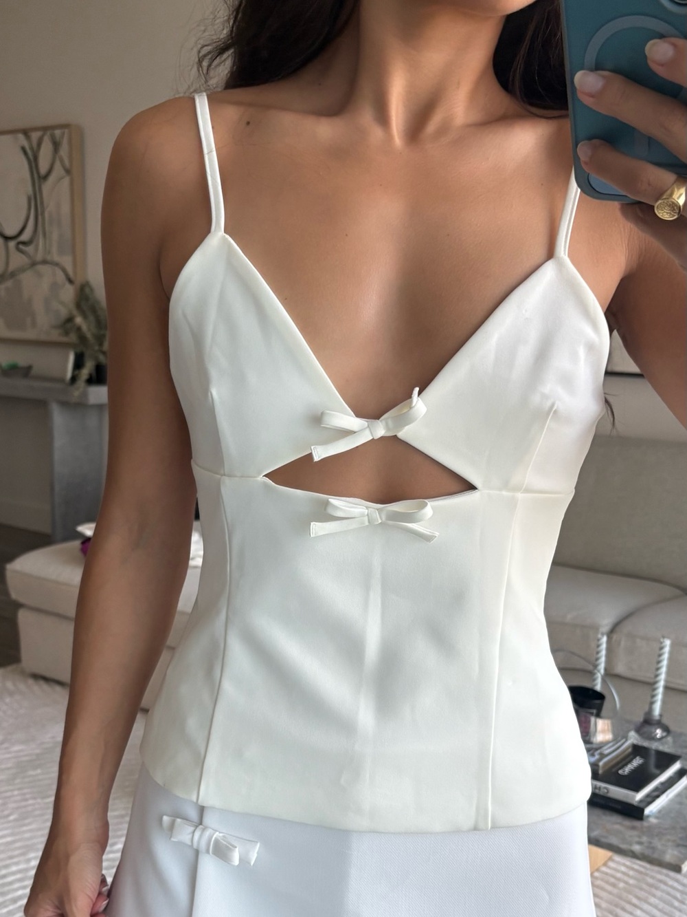 Zara Cream Cutout Bow-Accent Cami Top